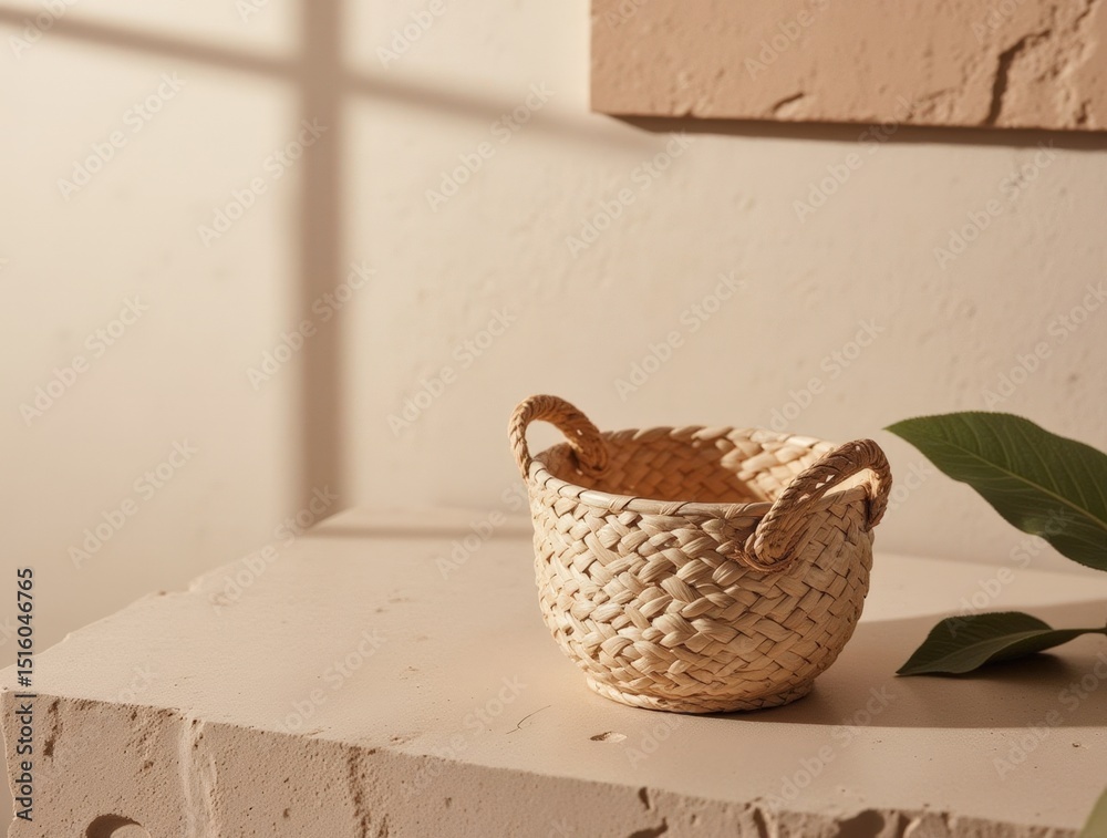 Fototapeta premium Handwoven natural straw basket on wooden surface for rustic home decor