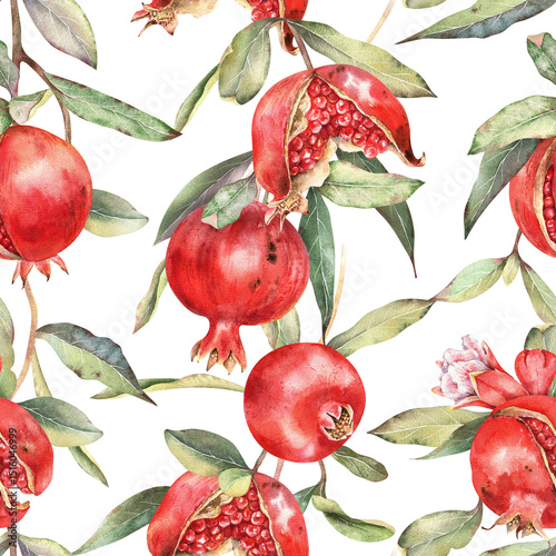 Watercolor pomegranates, seeds, leaves, tree branches. Seamless pattern, hand drawn watercolor illustration. Red ripe fruits, garden drawing. For fabric, textile, wallpaper, wrapping, scrapbooking.