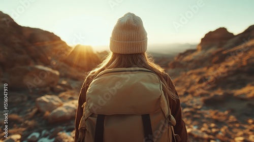A lone traveler with a backpack gazes at a picturesque sunrise surrounded by rocky landscapes, embodying the essence of freedom, exploration, and the beauty of nature.