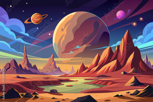 alien-planet-landscape---vector-sci-fi-desert-back with mountains and moon