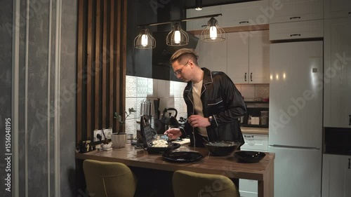 A modern cooking scene vividly depicted in a stylish and contemporary kitchen environment