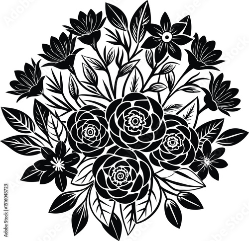 Bold black and white floral bouquet illustration featuring camellias and other flowers