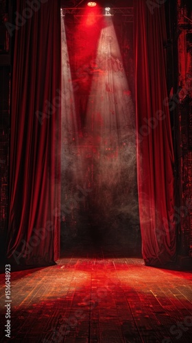 Red stage curtains illuminated by spotlights, smoky backstage