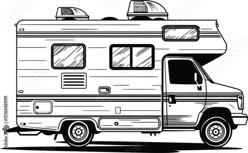 Vintage Camper Van Line Art Illustration