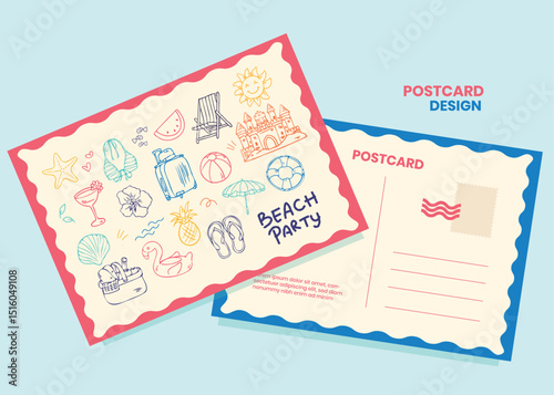 Beach Party Postcard Illustration Set. Fun doodle-style beach icons and postcard design ideal for travel blogs, party invitations, and tropical-themed stationery or merchandise.