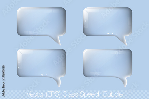 Realistic 3D transparent speech bubble set, isolated rectangle glass (lens) for buttons on transparent background, vector EPS illustration