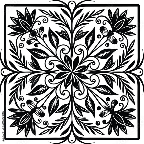 Intricate black and white floral square design with symmetrical leaf and flower motifs
