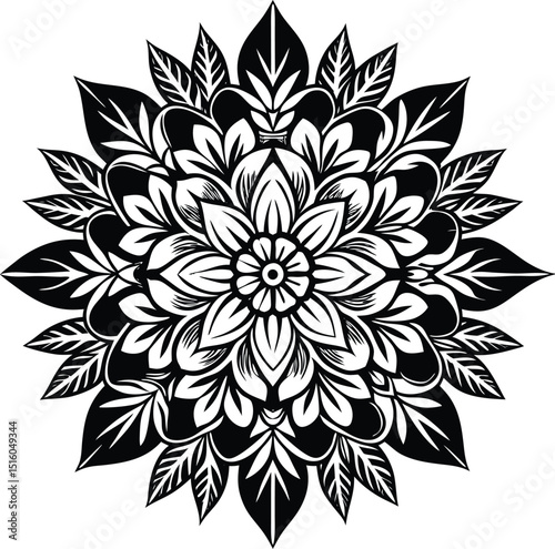 Intricate black and white floral mandala design featuring a central flower surrounded by detailed petals and leaves