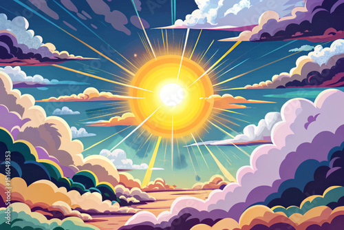 illustration clouds blue shining sparse sky white day scene anime vector background style sun cartoon sunny fluffy cartoon