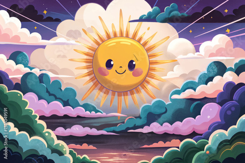 illustration clouds blue shining sparse sky white day scene anime vector background style sun cartoon sunny fluffy cartoon