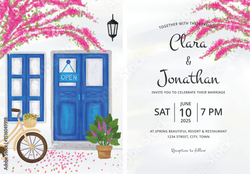 Wedding invitation design watercolor floral frame and mediterranean architecture