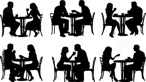Collection of graphic silhouettes: couples seated around round café tables in a variety of interactive poses. The style is clean and minimal, with figures in black on white, shown in casual conversati