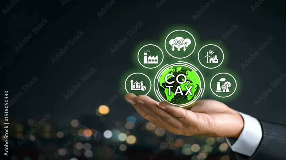 Businessman hand holding green earth with carbon tax icons shows eco responsibility, concept of carbon tax, carbon capture, and co2 environment care