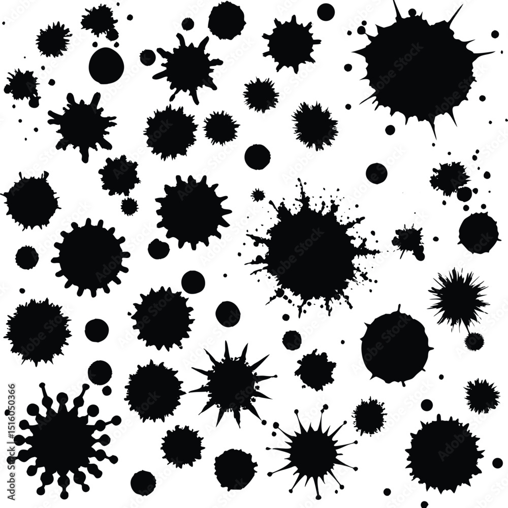 Collection of black ink splatter shapes isolated on white background