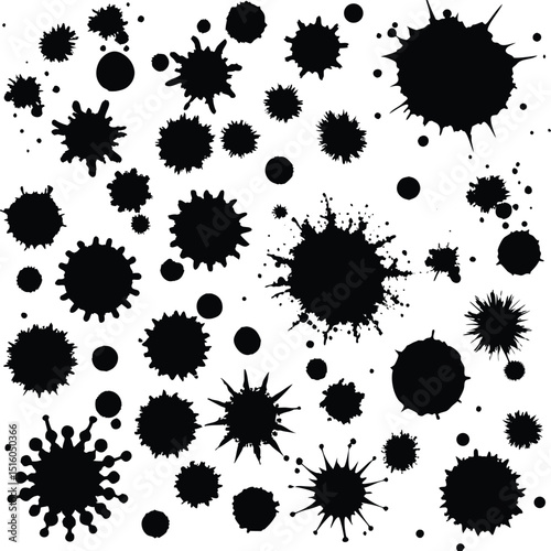 Collection of black ink splatter shapes isolated on white background