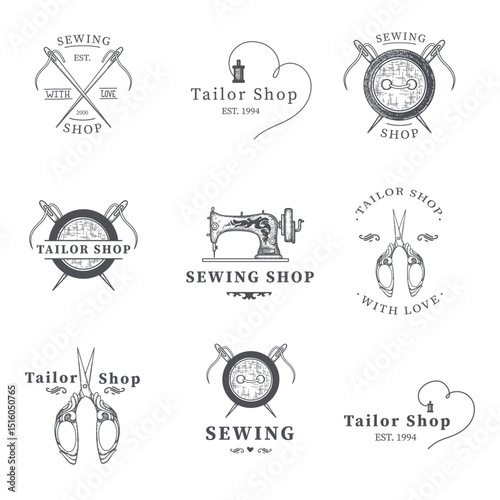 Set of tailor labels, emblems and design elements. Tailor or sewing shop. Logo template vector illustration.