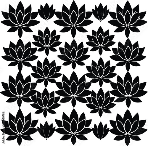 A collection of black and white stylized lotus flower illustrations