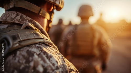 Silhouetted soldiers stand together against a vibrant sunset, symbolizing unity and courage. The scene captures the essence of sacrifice and solidarity in times of service.