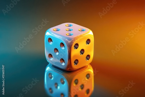A glossy die rests on a reflective surface.