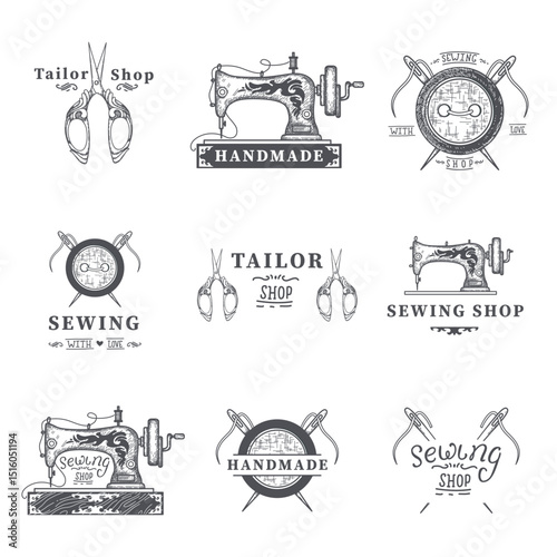 Set of tailor labels, emblems and design elements. Tailor or sewing shop. Logo template vector illustration.
