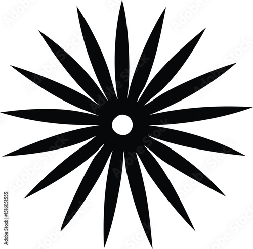 Abstract black and white floral design element with sharp petals and central circle