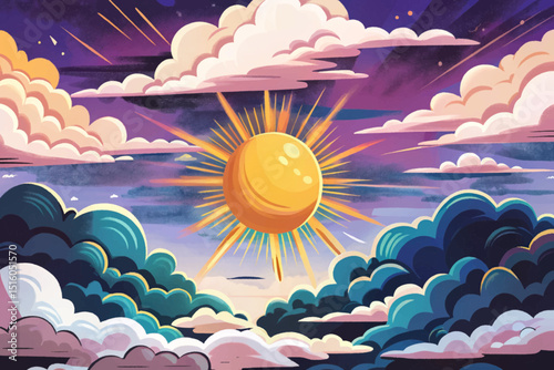 illustration clouds blue shining sparse sky white day scene anime vector background style sun cartoon sunny fluffy cartoon
