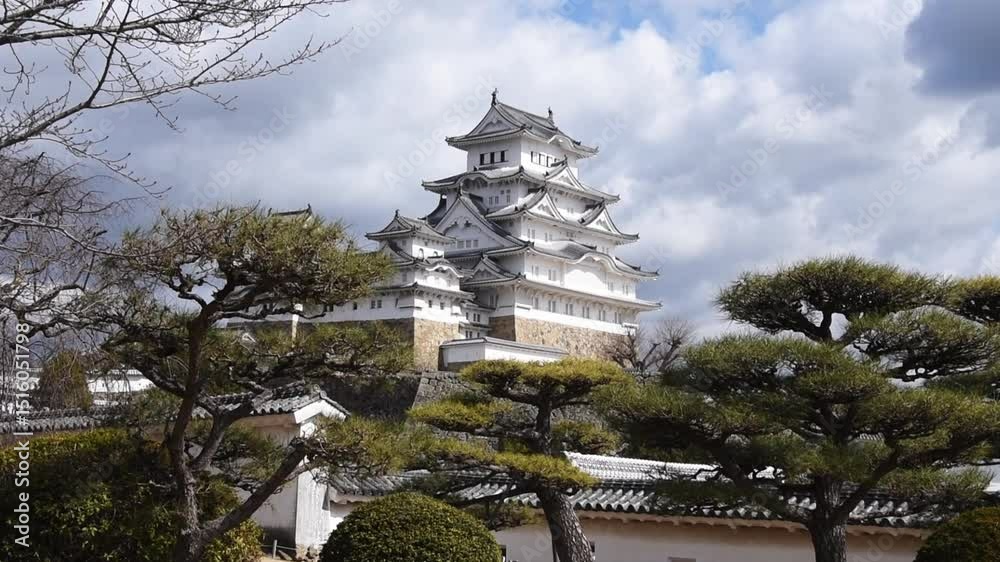 Majestic Himeji Castle in Hyogo, Japan Framed by Pine Trees and Stone Walls Under a Dramatic Cloudy Sky