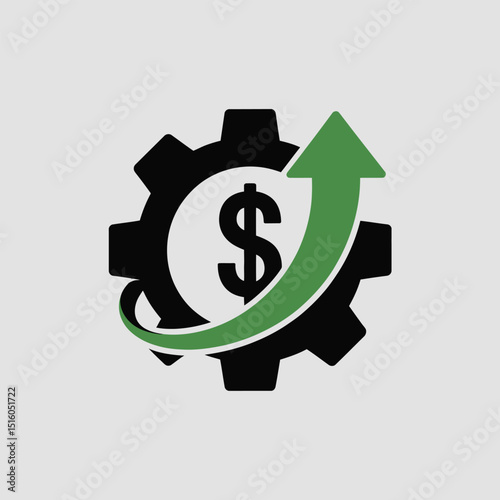 Financial growth and progress concept depicted with dollar sign gear and rising green arrow illustrating investment strategy and economic success
