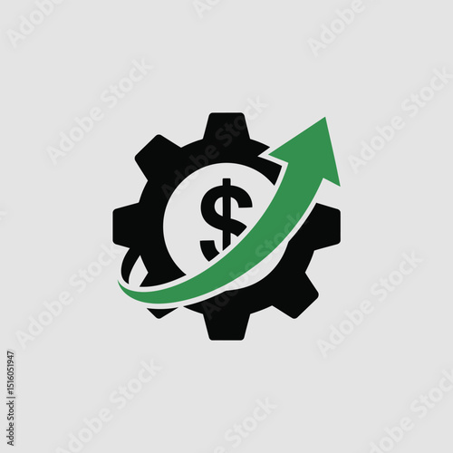 Financial growth concept depicted by a gear symbol with a dollar sign and an upward arrow illustrating business success