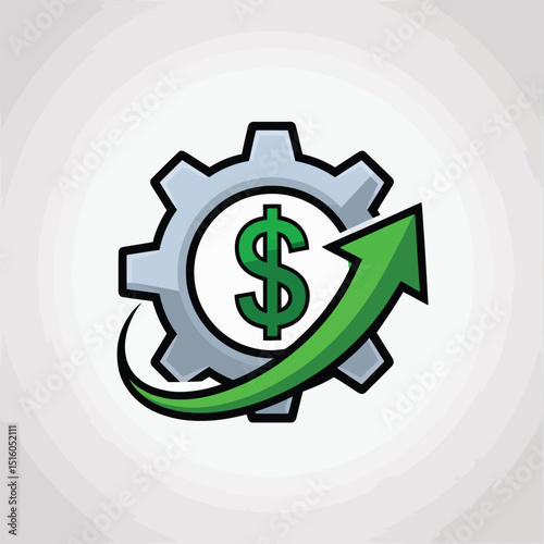Financial growth concept depicted with gear dollar sign and upward arrow representing success and progress