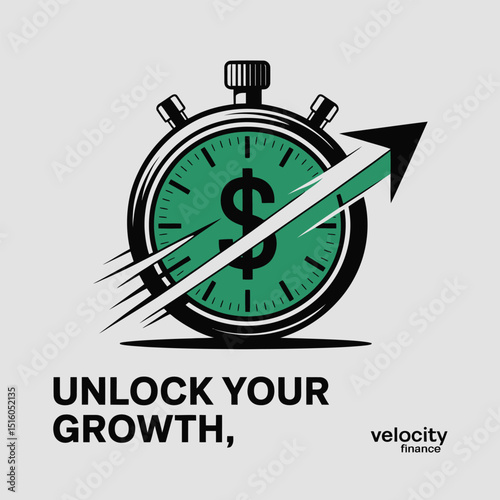 Velocity finance concept shows time is money with a stopwatch dollar sign and upward arrow representing financial growth and success.