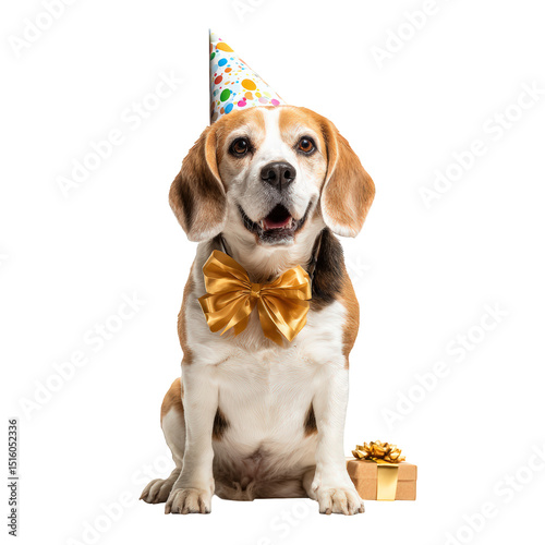 Cheerful Beagle dog wearing festive party hat and golden bow tie, sitting beside wrapped gift, radiating joy and celebration