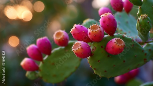 Bright prickly pear fruits ripening in golden light at sunset in a desert landscape