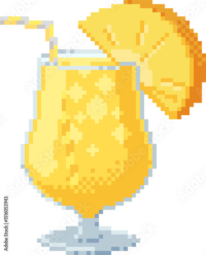 Tropical pineapple cocktail in pixel art style. Retro 8 bit summer drink with fruit slice and straw. Bright and playful design element for games, menu and stickers.