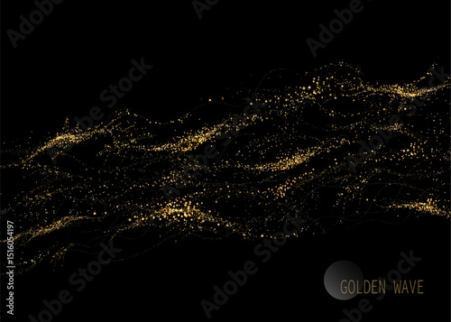 Abstract shiny isolated design element, amazing golden tinsel on black background.