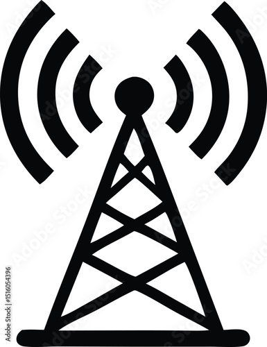 Bold black wireless communication tower icon with signal waves