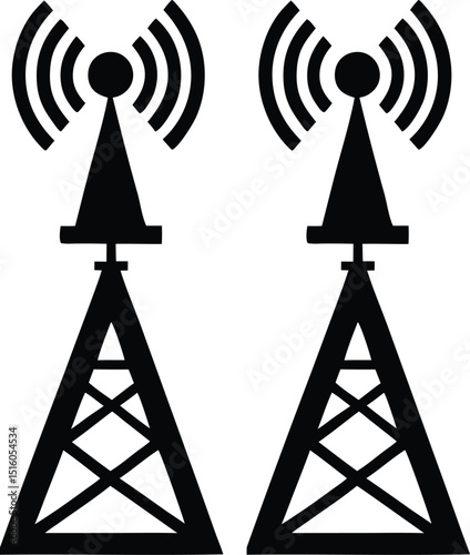 Pair of black silhouette wireless communication towers with signal waves