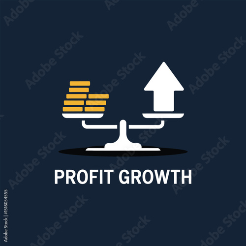 Profit growth concept illustrating financial balance and upward trend using scale gold coins and an ascending arrow in a modern vector style