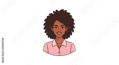 Smiling Woman with Curly Hair A Portrait Illustration, Confident Female Avatar in Pink with Textured Afro Hair and a Friendly Smiling Expression