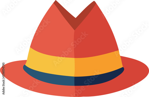 Illustration of a stylish red and yellow fedora hat with a unique crown design