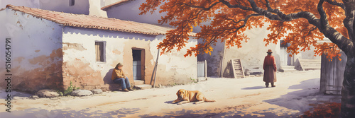Watercolor Painting of a Rural Village Street with White Buildings and Autumn Tree