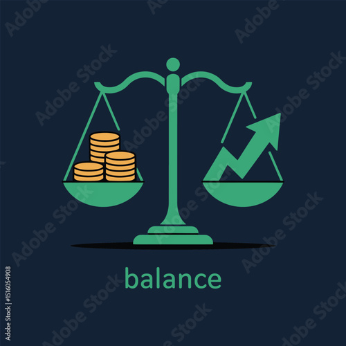 Conceptual illustration of financial balance represented by a classic scale with money and growth arrow in a vector style
