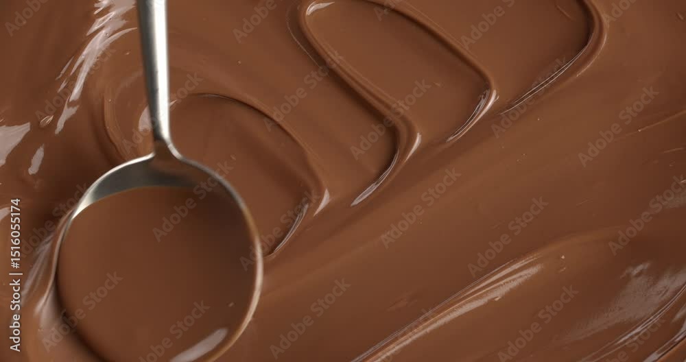 Spoon stirring melted milk chocolate, close-up in slow motion. Texture of a milk chocolate wave.