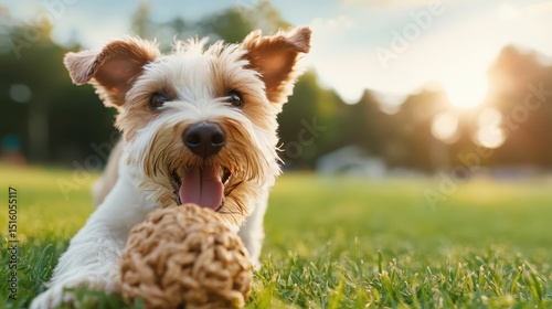 A joyful dog enjoys playing with a ball in a sunlit park, showcasing pure elation and energy, surrounded by vibrant greenery and the warmth of a beautiful day.