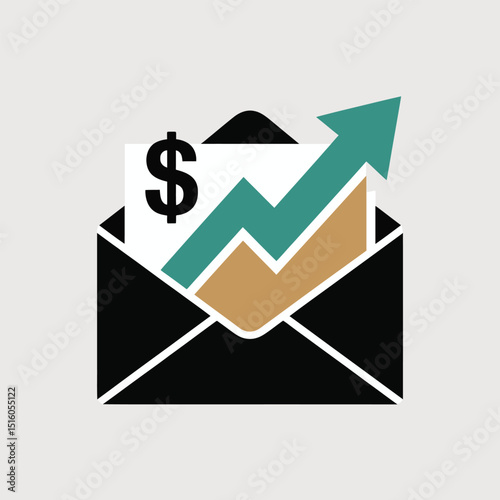 Financial growth and profit projection visualized inside a black envelope concept vector of investment return with dollar symbol representing economic progress.
