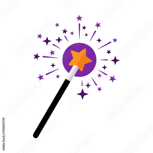 Magic wand with star and bursts in purple and orange design  