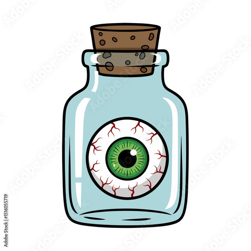 Eyeball preserved in glass jar with cork stopper and details  