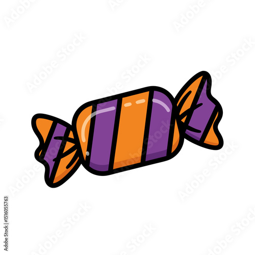 Colorful striped candy wrapped in orange and purple packaging  