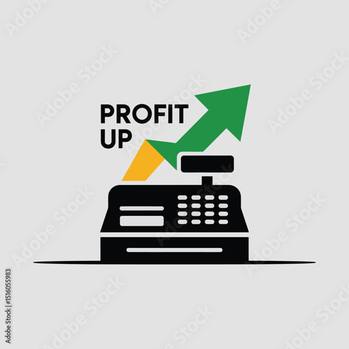 Financial success concept illustrating increasing profits with a cash register and ascending arrow symbol in a vector of graphic design