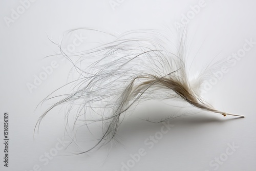 a broken synthetic hair fiber array, nano-filament strands snapping midair, hovering cleanly against pure